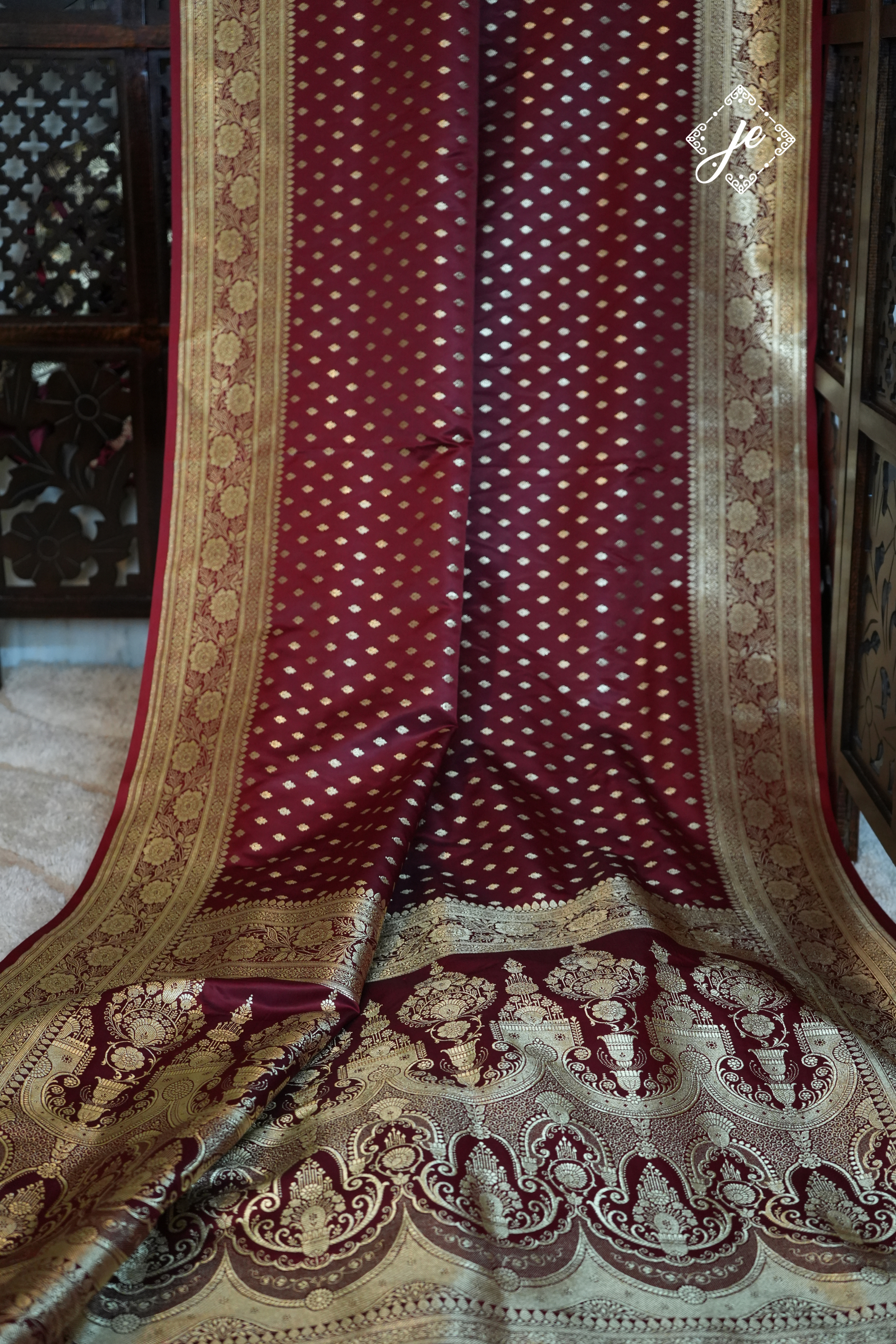 Maroon Satin Silk Buti Banarasi Saree