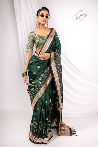 Bottle Green Satin Silk Banarasi Saree