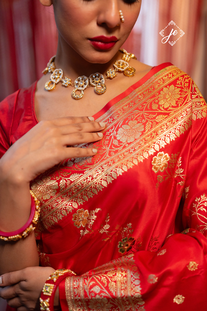 Red Satin Silk Buti Leheriya Mix Meenakari Banarasi Saree