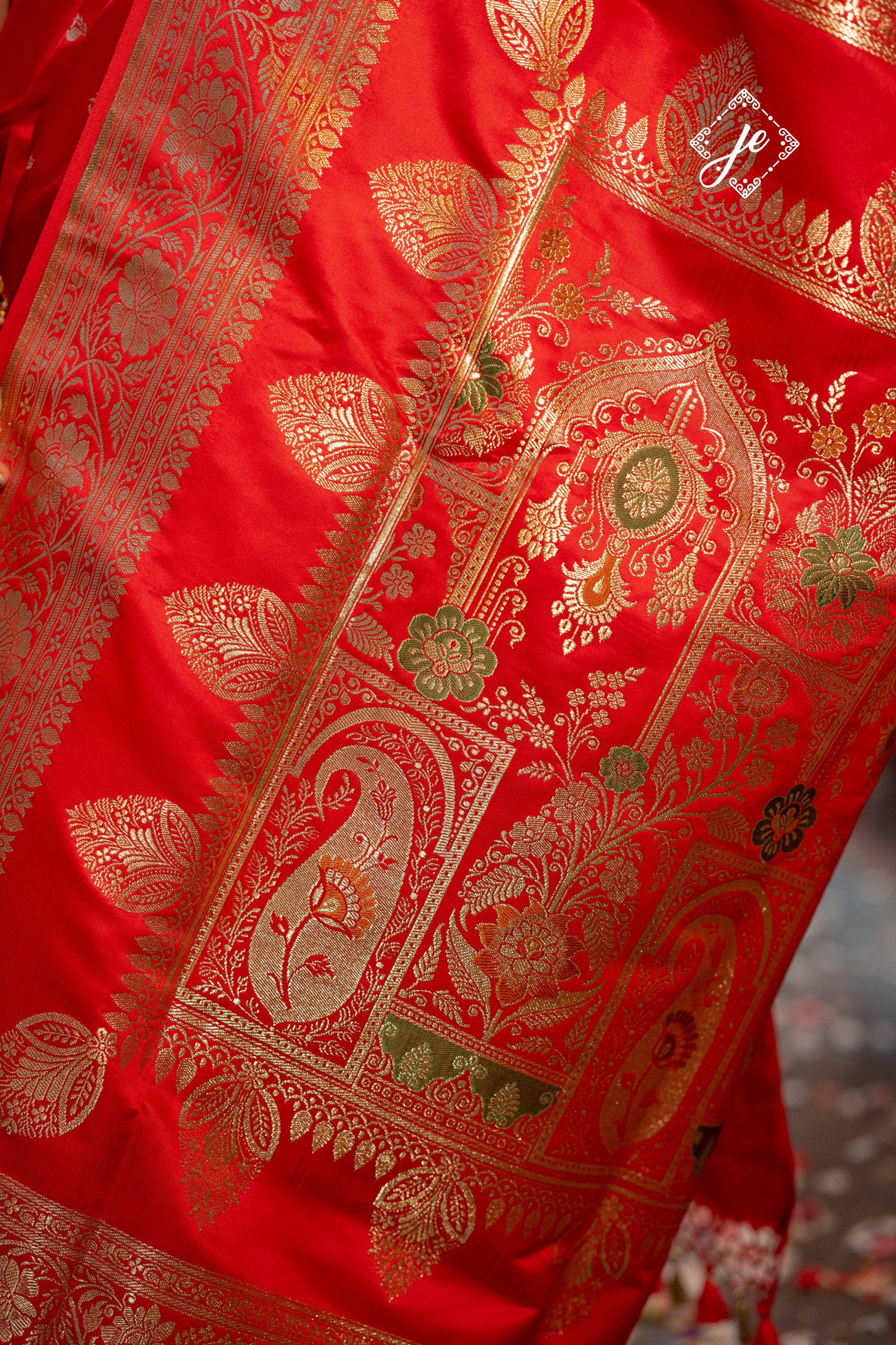 Red Satin Silk Buti Leheriya Mix Meenakari Banarasi Saree