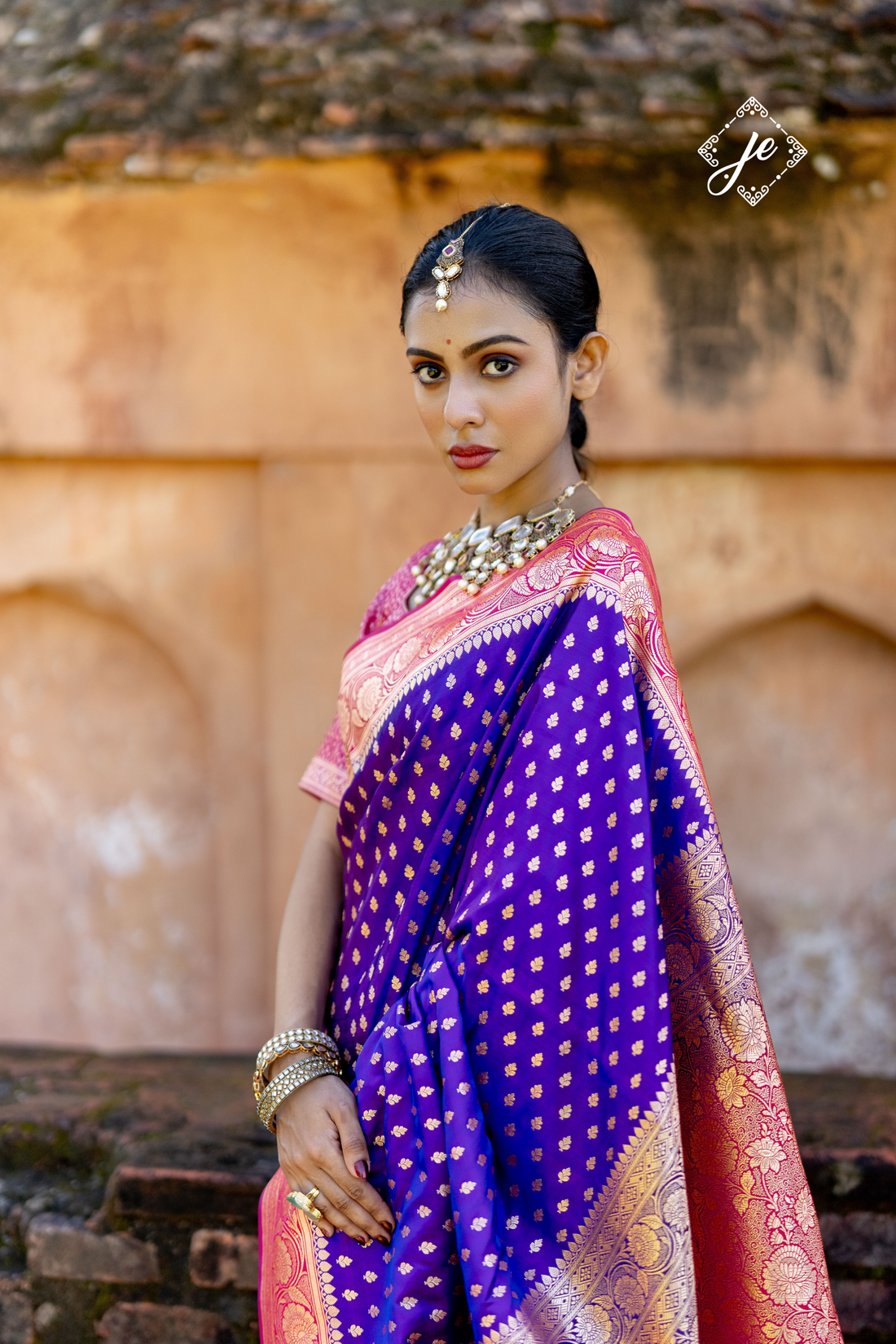 Purple Satin Silk with Contrast Rani Pink Border Banarasi Saree