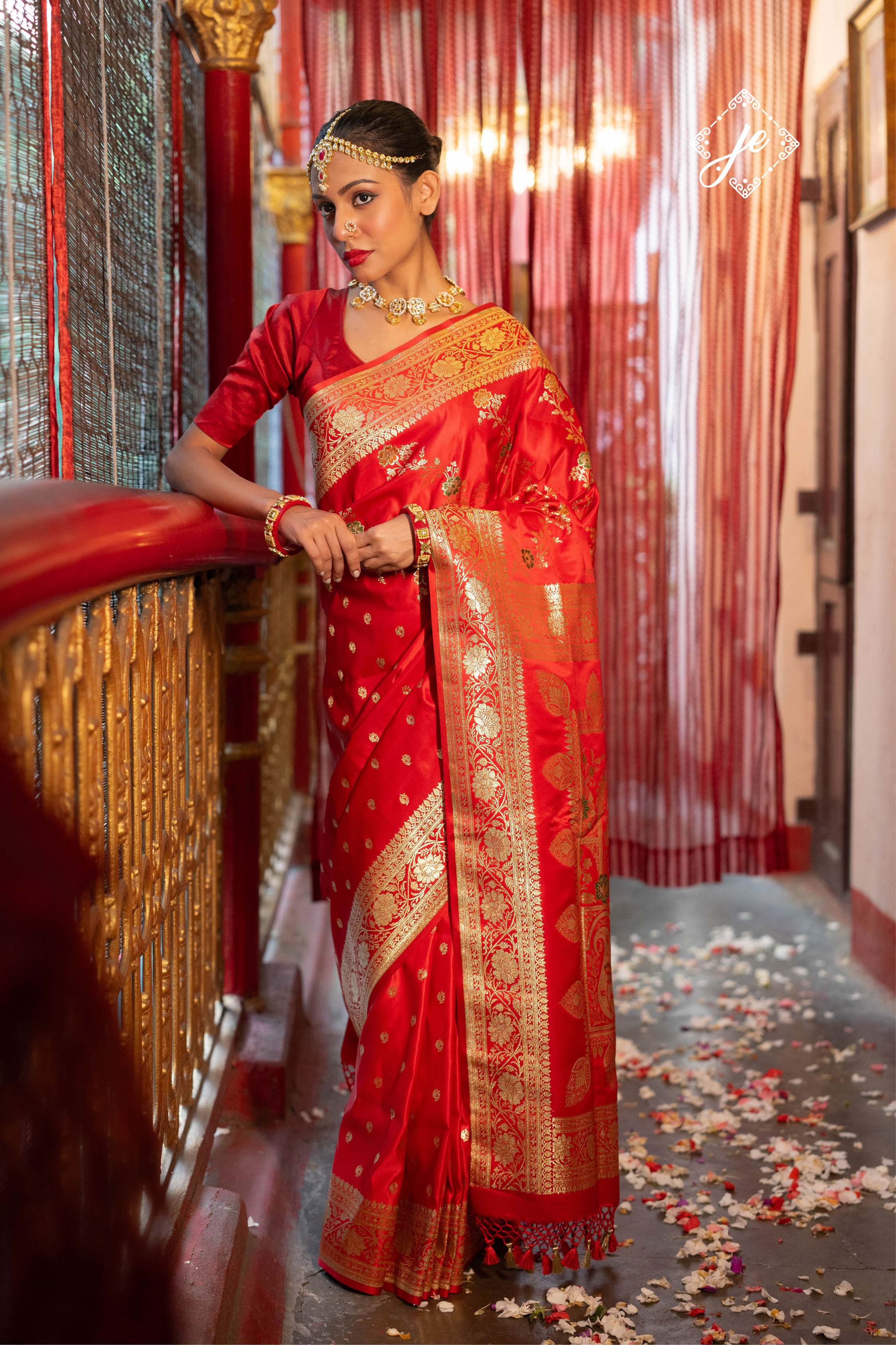 Red Satin Silk Buti Leheriya Mix Meenakari Banarasi Saree