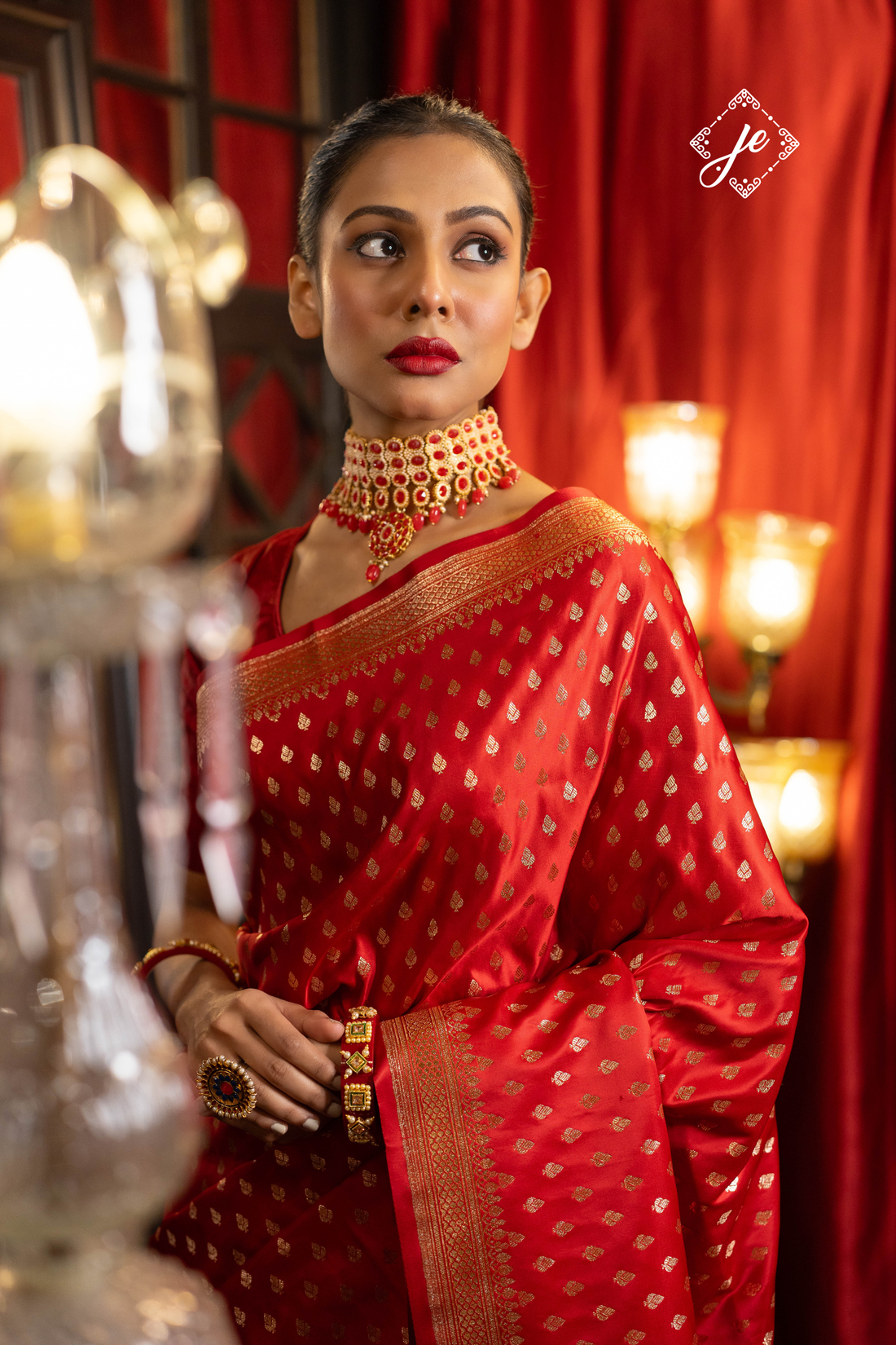 Red Satin Silk Buti Banarasi Saree