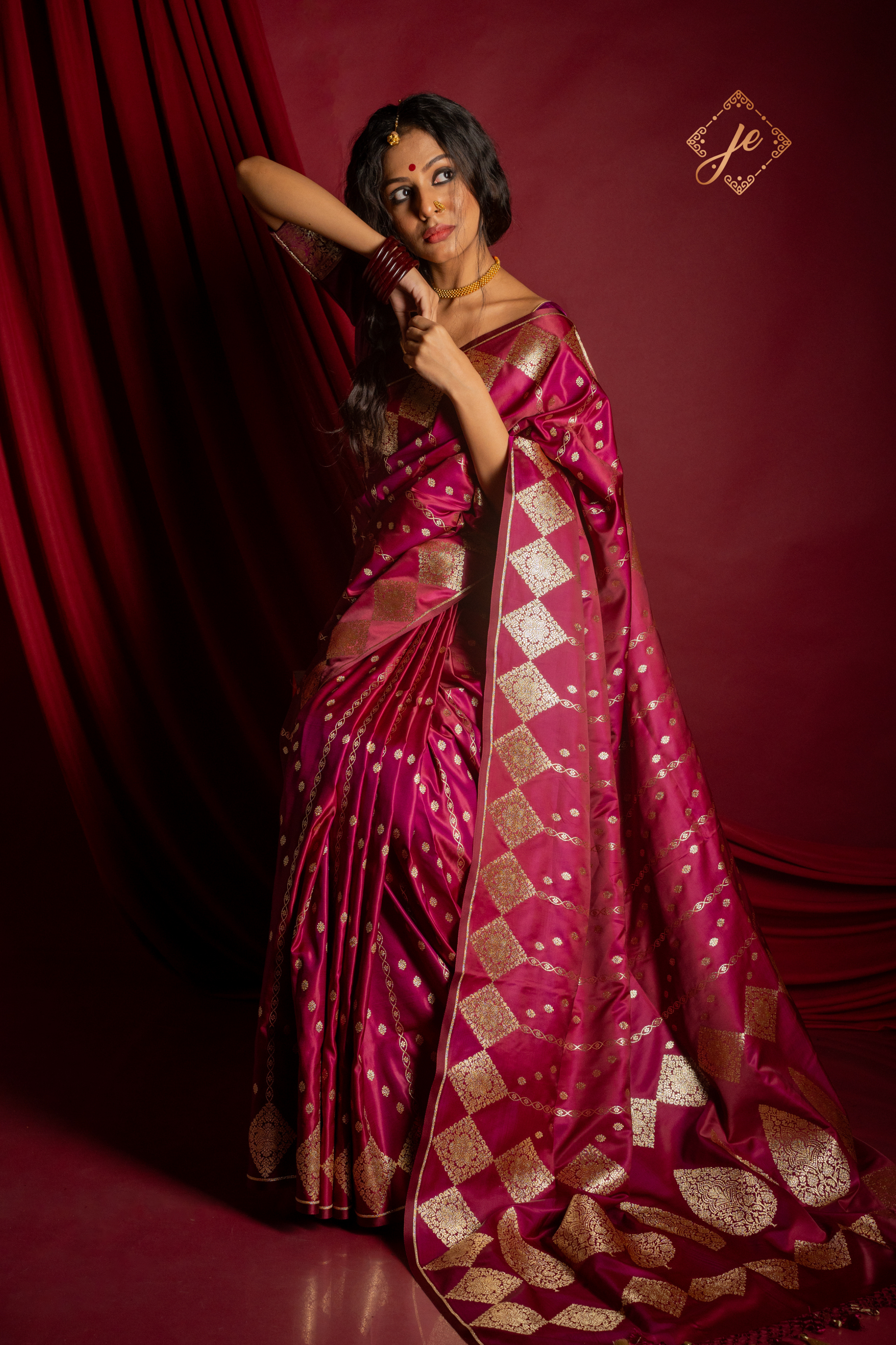 Amaranth Satin Silk Striped Banarasi Saree