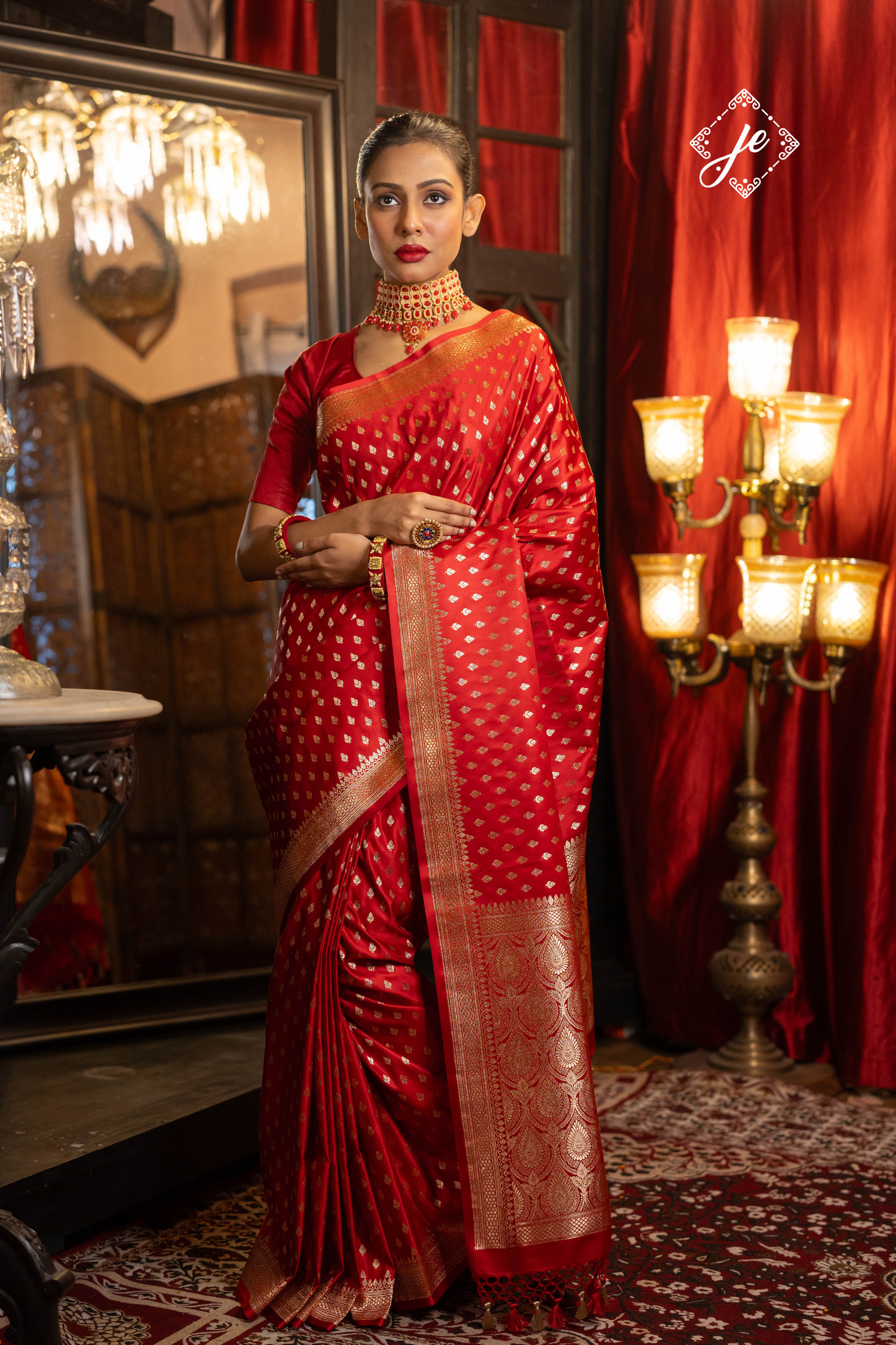 Red Satin Silk Buti Banarasi Saree