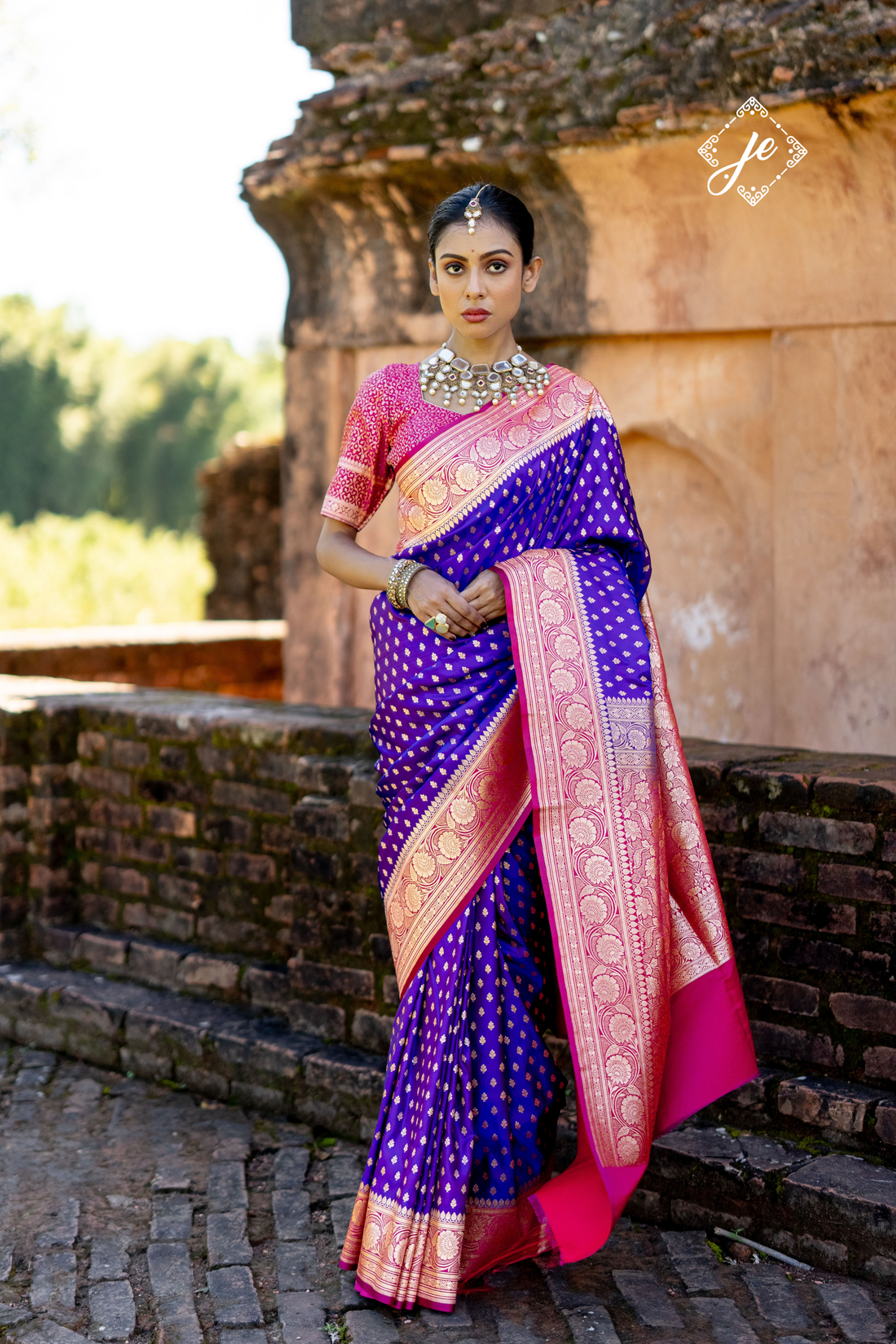 Purple Silk Buti Banarasi Saree with contrast Rani Pink Border