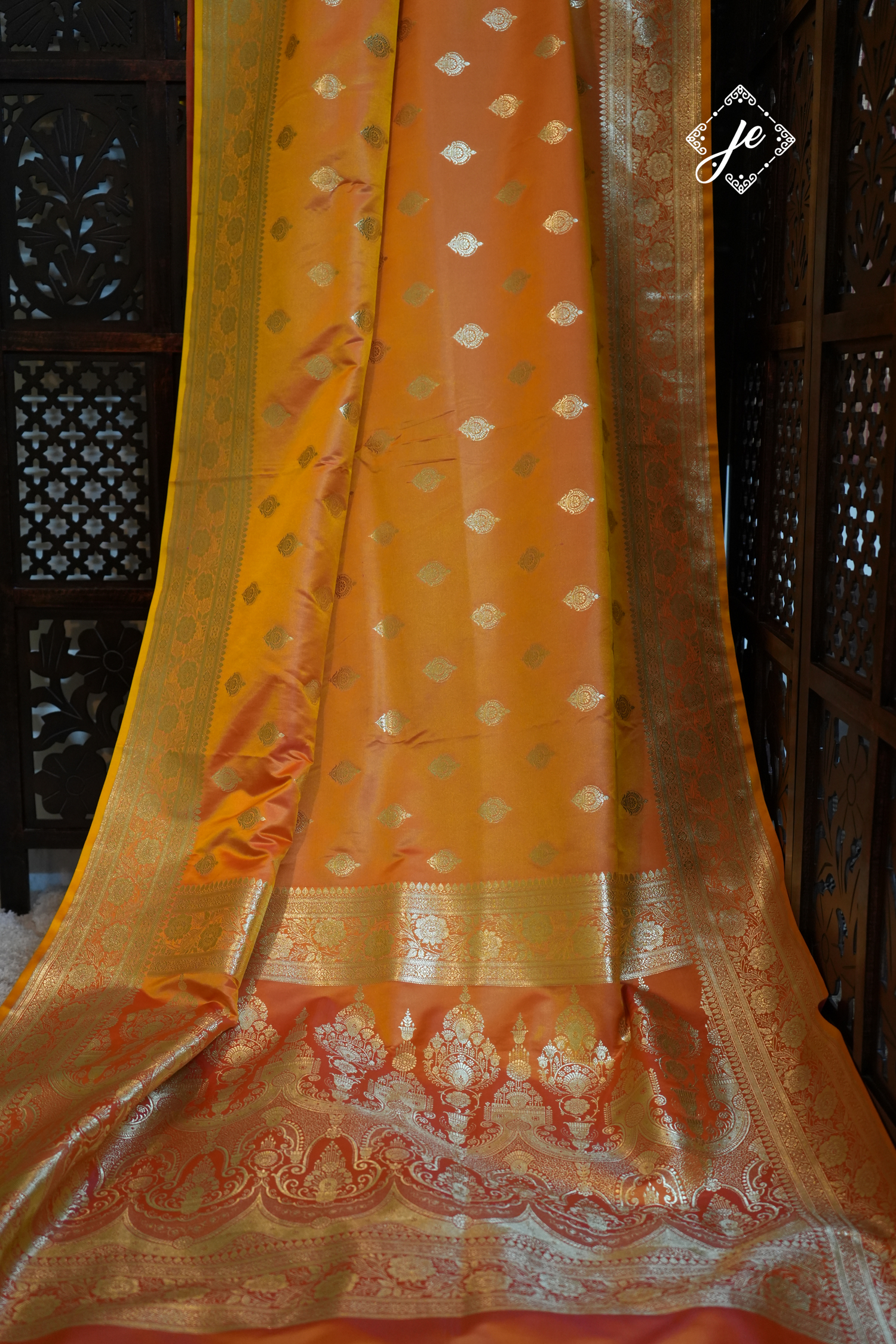 Dual Tone Mustard Yellow Satin Silk Buti Banarasi Saree