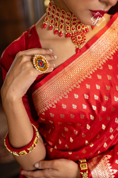 Red Satin Silk Buti Banarasi Saree