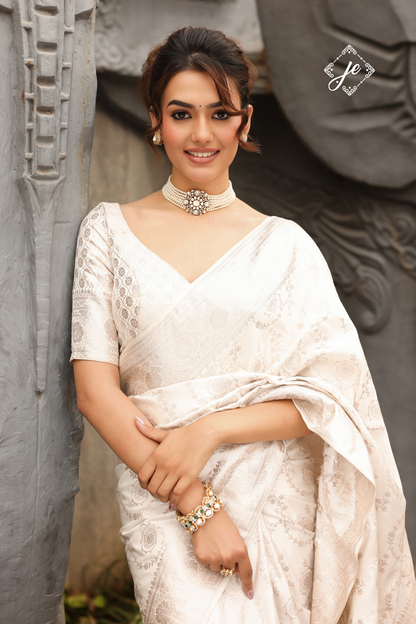 White Satin Silk Jaal Banarasi Saree