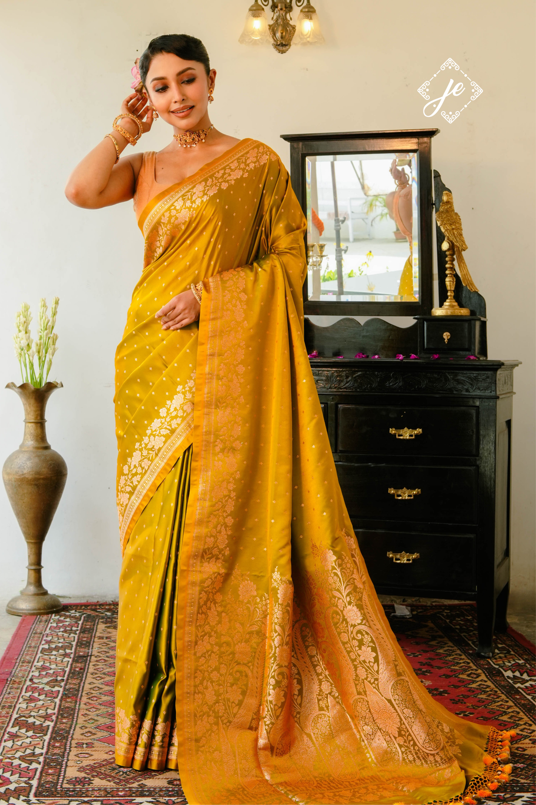 Mustard Gold Satin Silk Buti Banarasi Saree