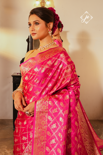 Rani Pink Satin Tissue Silk Jaal Banarasi Saree