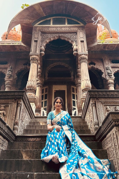 Cobalt Blue Satin Silk Meenakari Buti Banarasi Saree