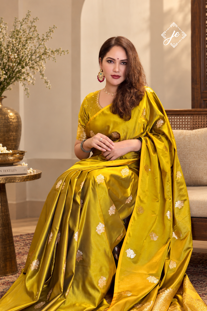 Mustard Gold Satin Silk Buti Banarasi Saree