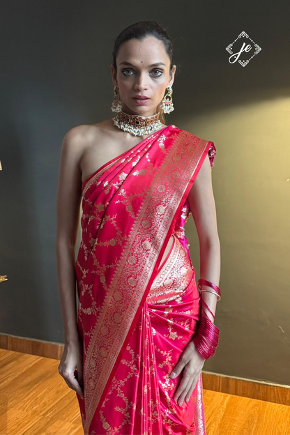 Dual Tone Red Satin Silk Jaal Banarasi Saree