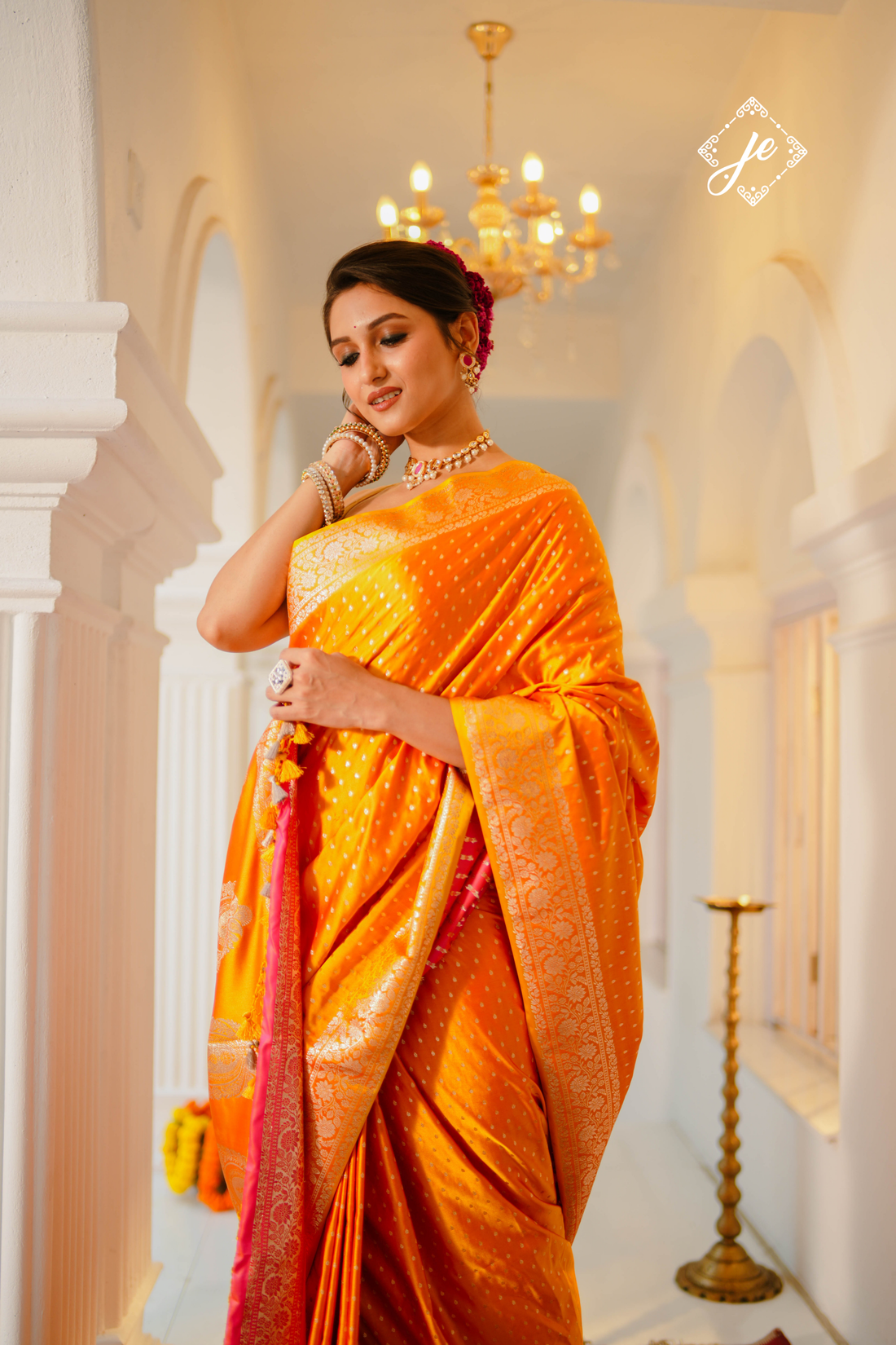 Orange Satin Silk Buti Banarasi Saree