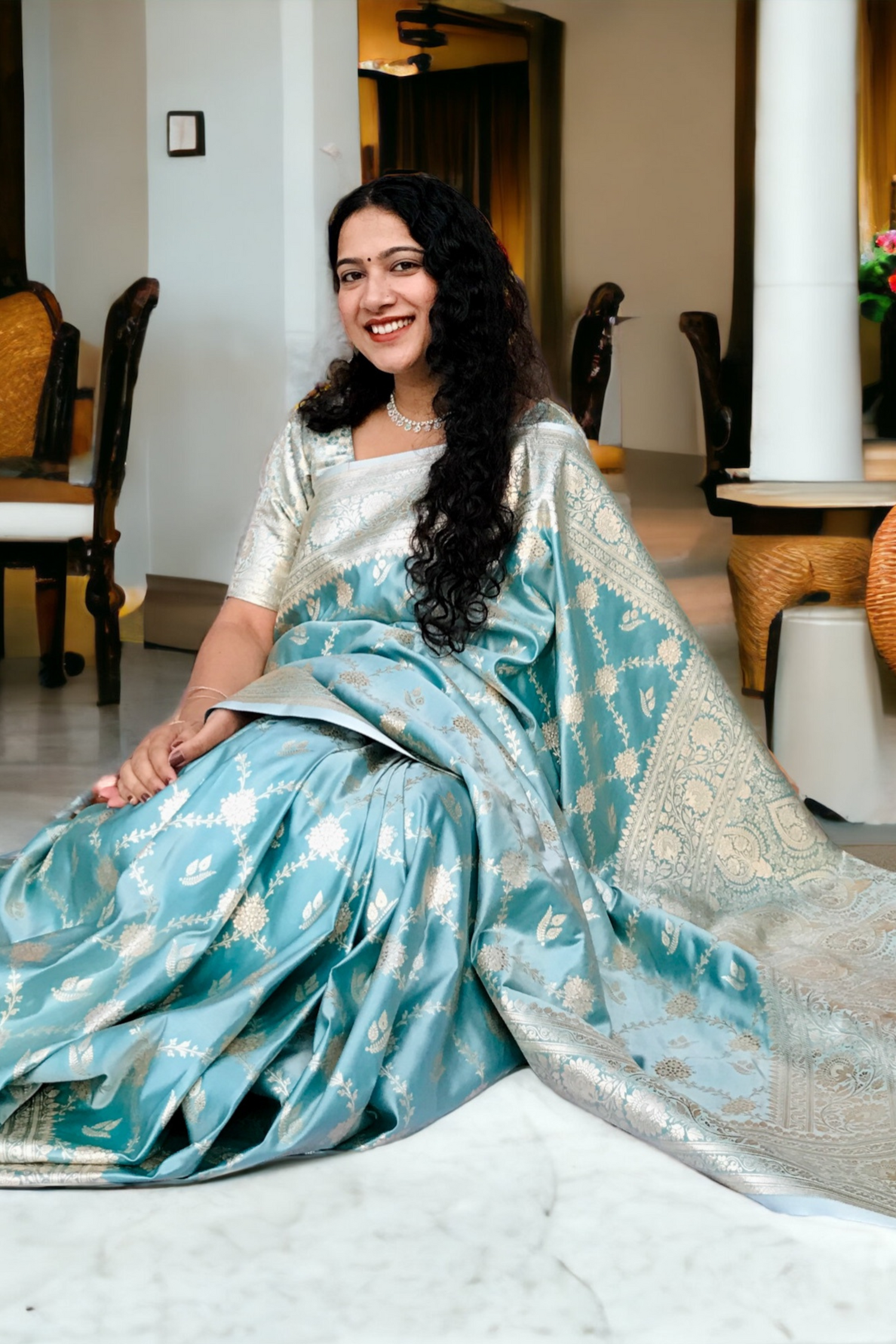 Ice Blue Satin Silk Jaal Banarasi Saree