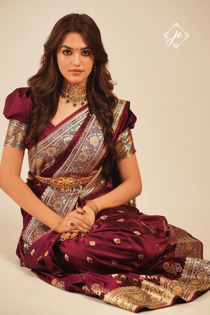 Wine Satin Silk Buti Meenakari Banarasi Saree