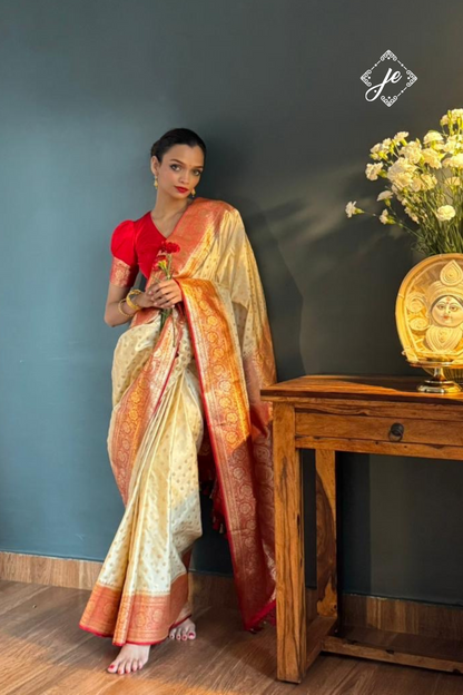 Off-White Satin Silk with Red Border Buti Banarasi Saree