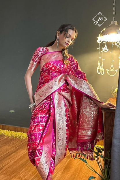 Pink Rangkaat Satin Silk Jaal Banarasi Saree