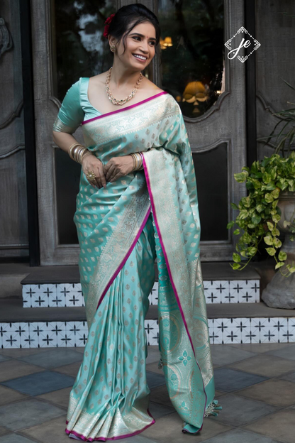 Aqua Green Satin Silk Buti Banarasi Saree