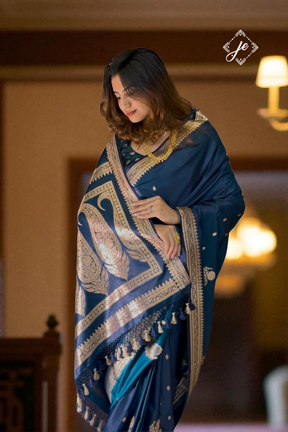 German Blue Satin Silk Banarasi Saree
