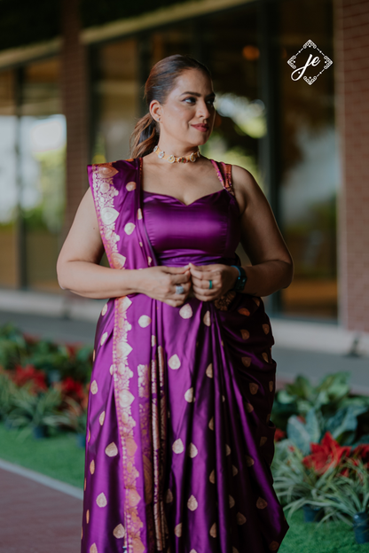 Purple Open Border Satin Silk Banarasi Saree