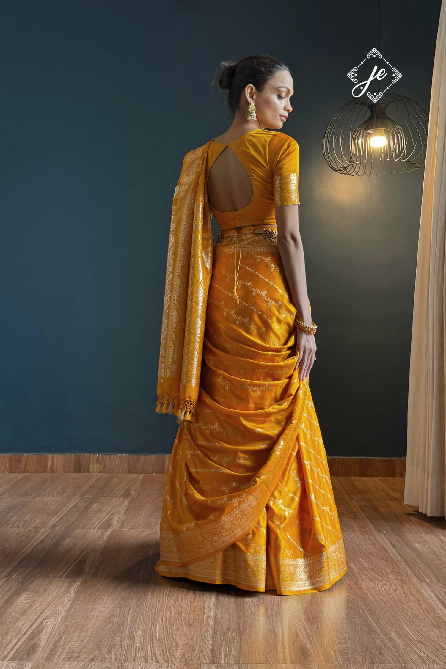 Yellow Leheriya Satin Silk Buti Banarasi Saree