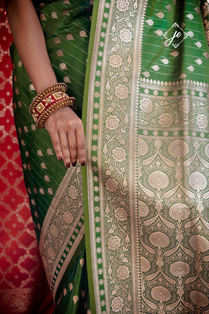 Green Satin Silk Striped Banarasi Saree