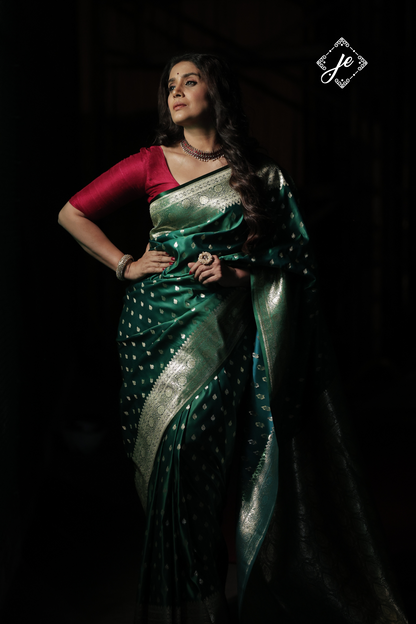 Bottle Green Satin Silk Banarasi Saree