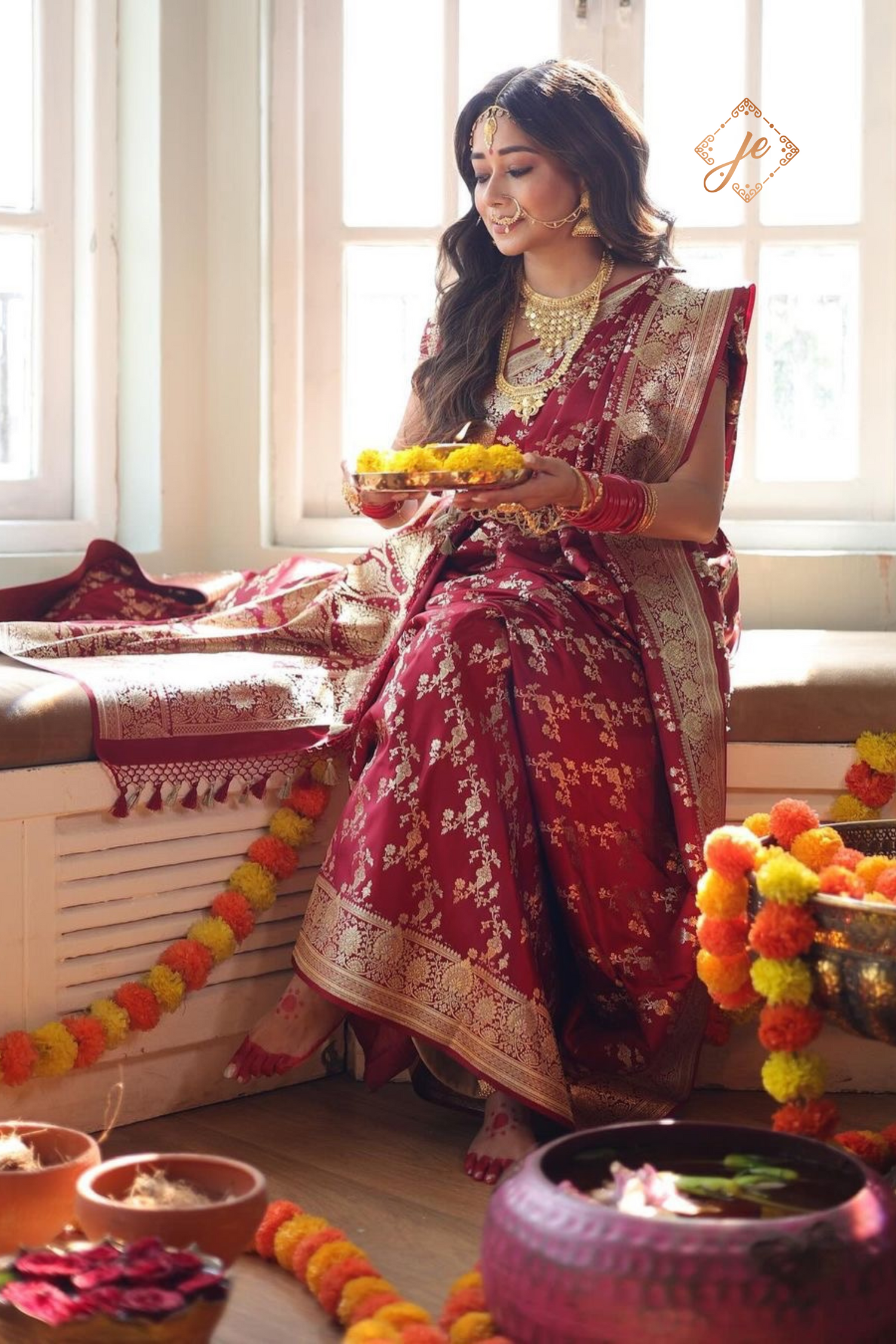 Maroon Satin Silk Jaal Banarasi Saree