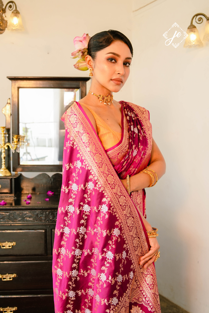 Wine Satin Silk Jaal Banarasi Saree