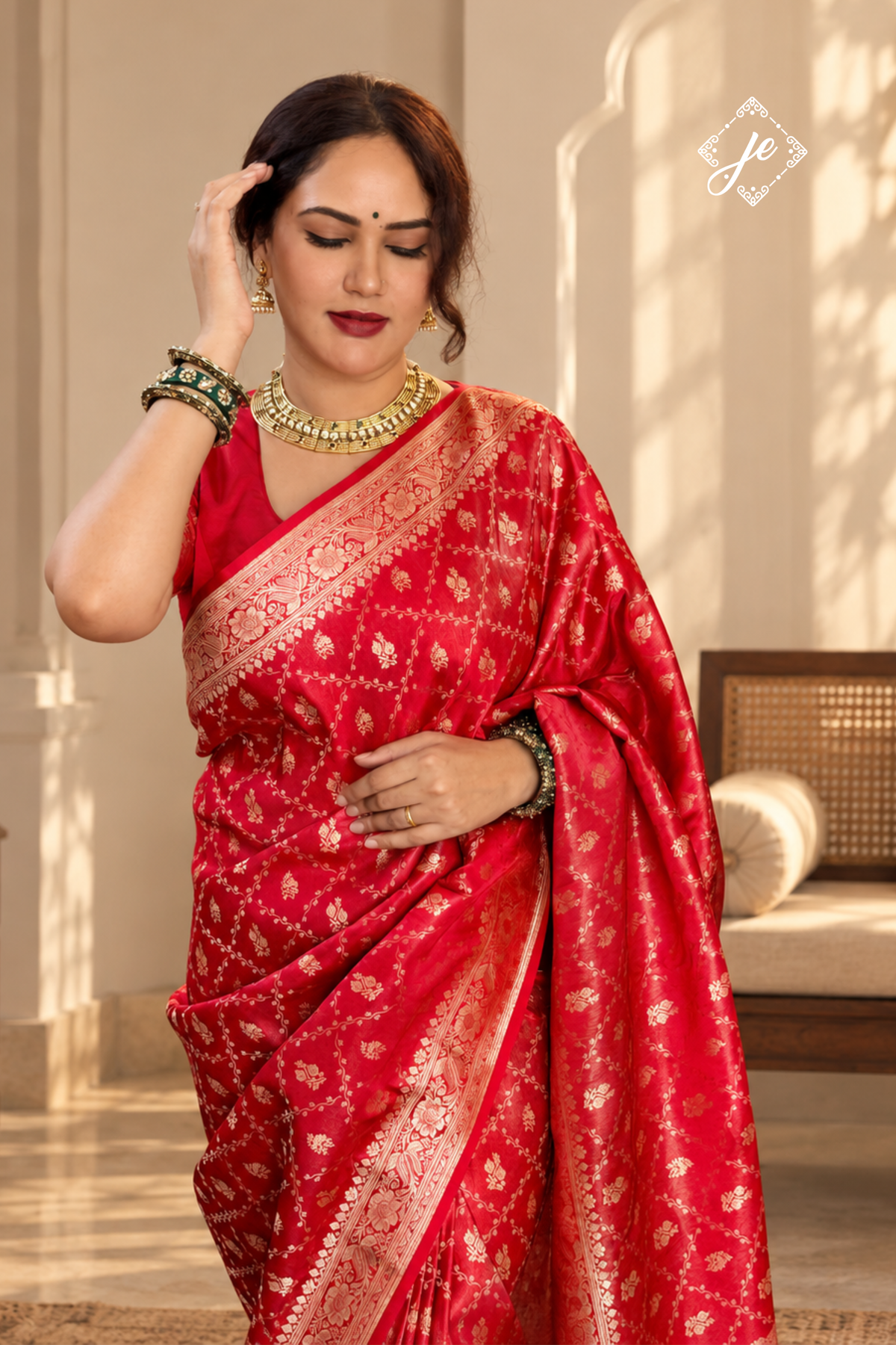 Red Satin Tissue Silk Jaal Banarasi Saree