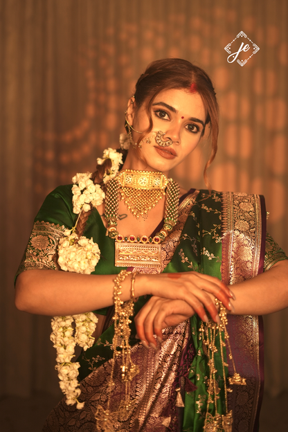 Bottle Green Satin Silk with Contrast Magenta Border Banarasi Saree