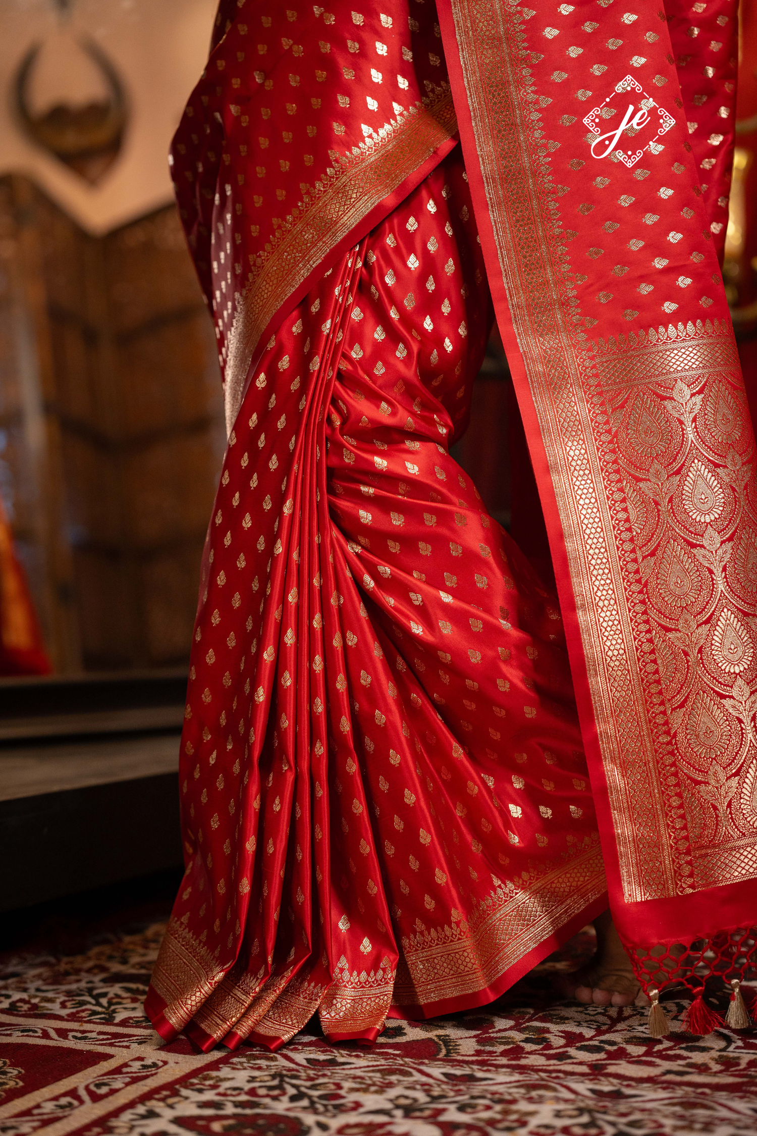 Red Satin Silk Buti Banarasi Saree