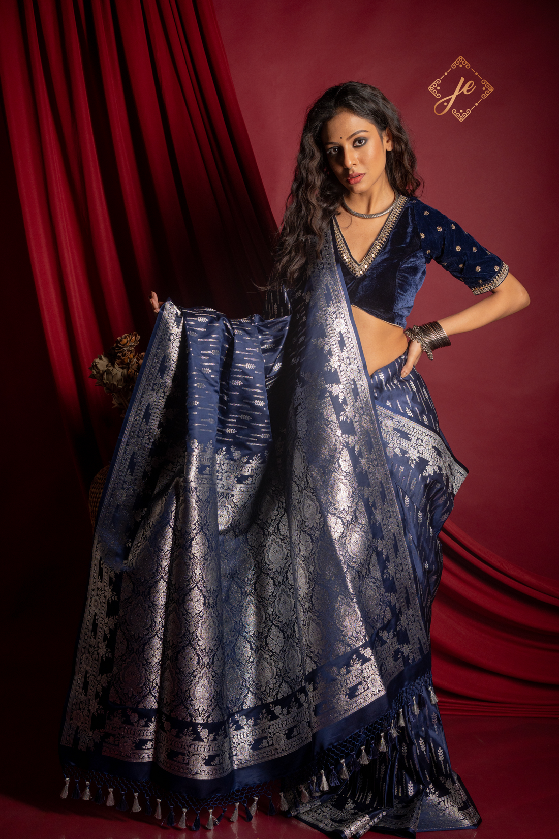 Navy Blue Satin Silk Fancy Banarasi Saree