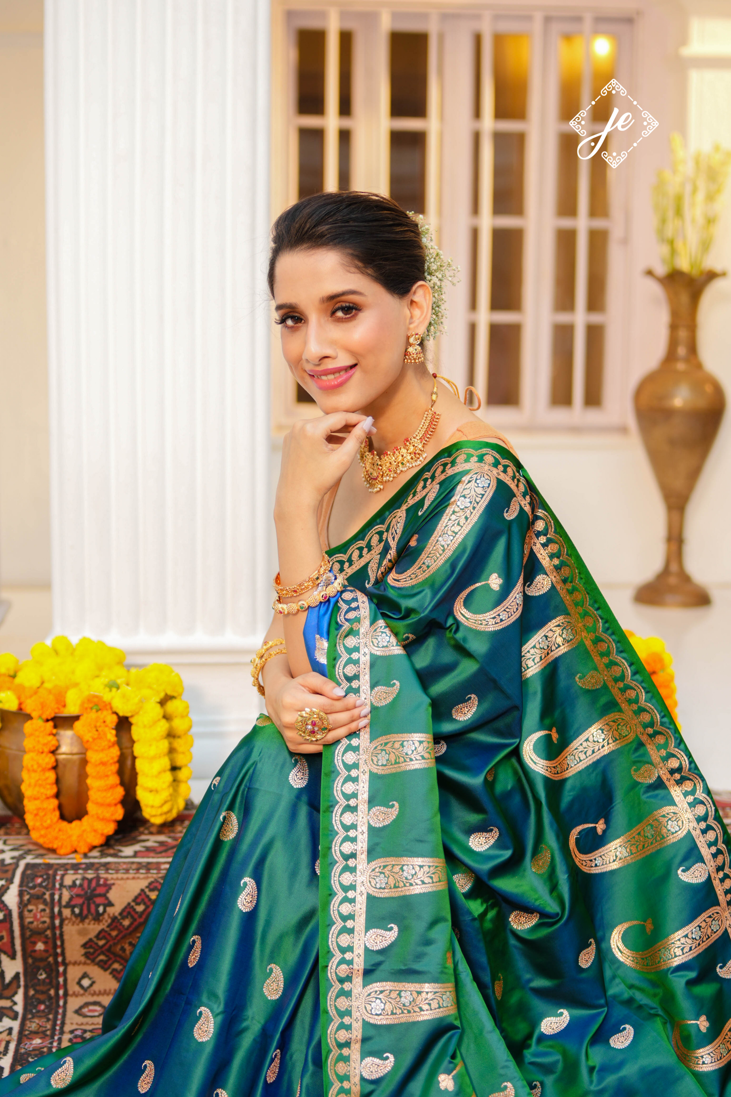 Dual Tone Green Blue Mashru Silk Banarasi Saree