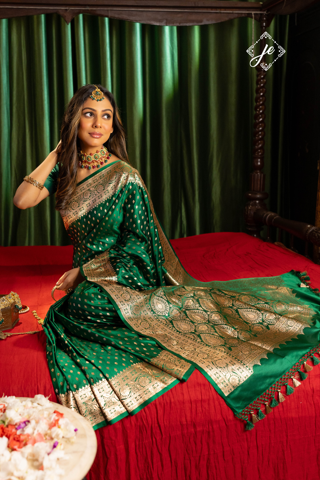 Bottle Green Satin Silk Banarasi Saree