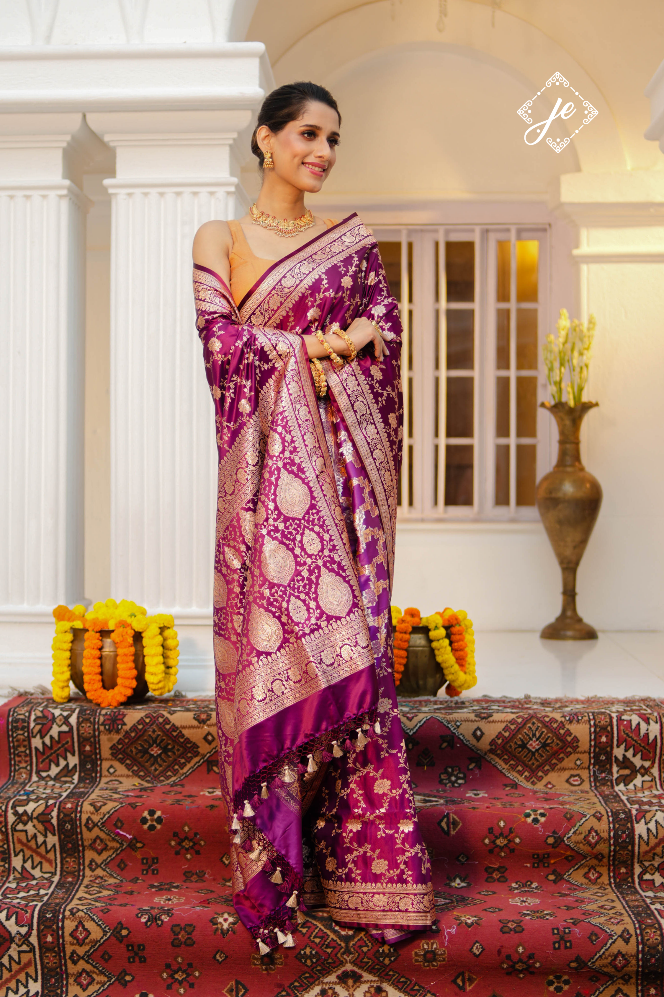 Purple Satin Silk Jaal Banarasi Saree