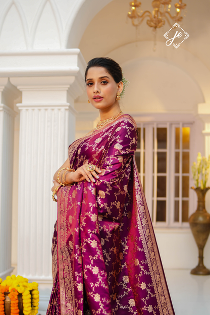 Purple Satin Silk Jaal Banarasi Saree