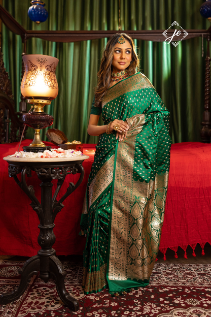 Bottle Green Satin Silk Banarasi Saree