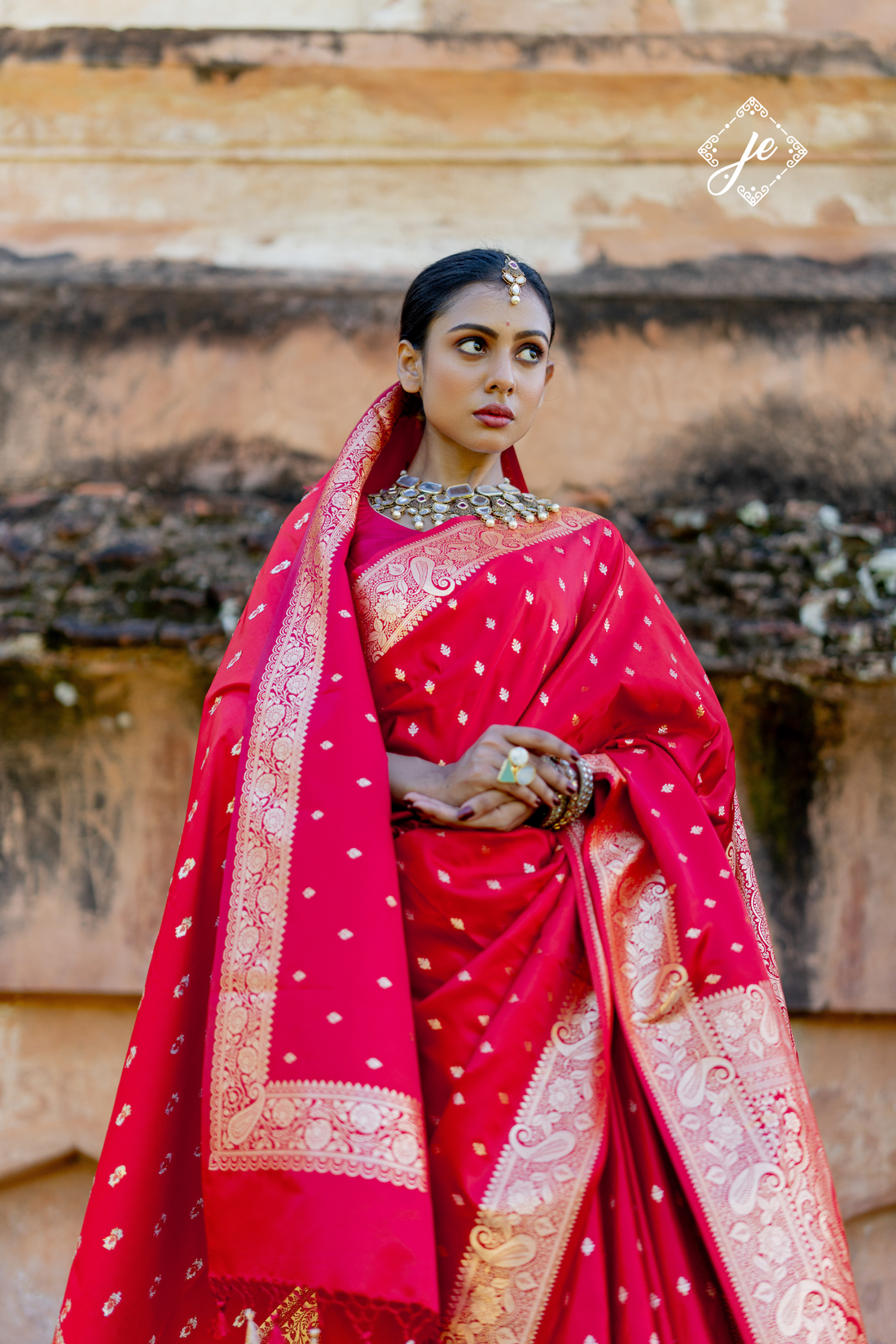 Red Satin Silk Buti Banarasi Saree