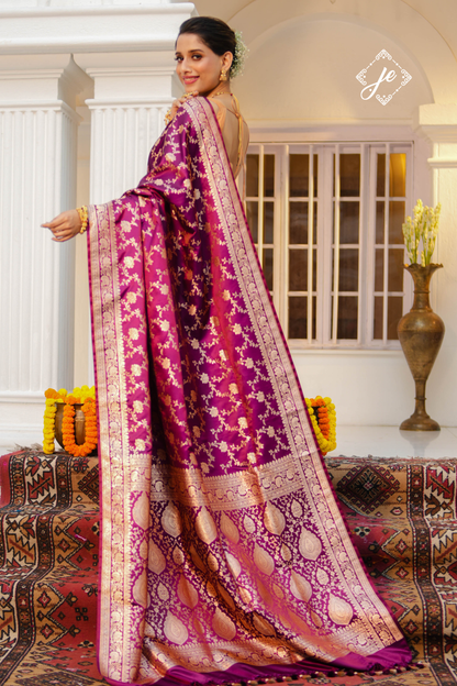 Purple Satin Silk Jaal Banarasi Saree