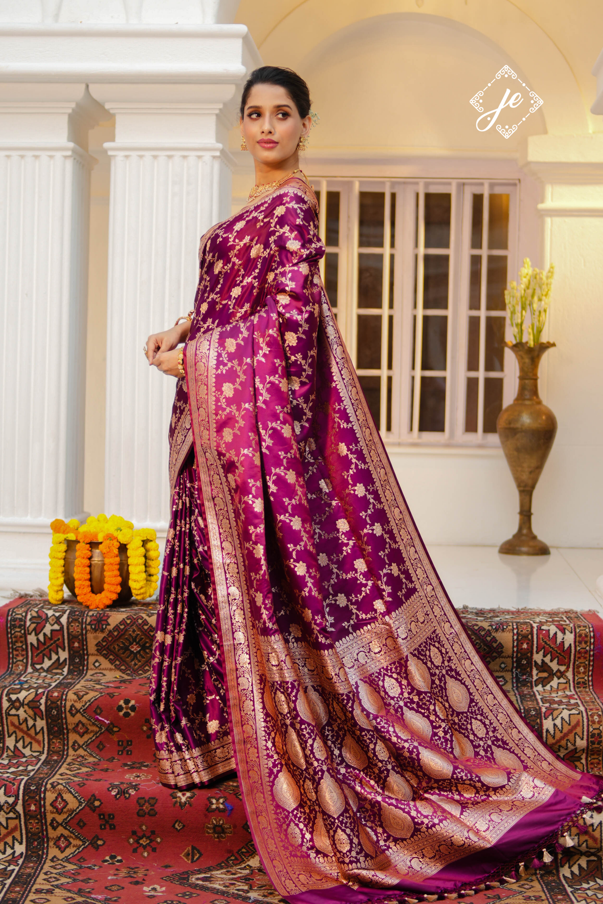 Purple Satin Silk Jaal Banarasi Saree
