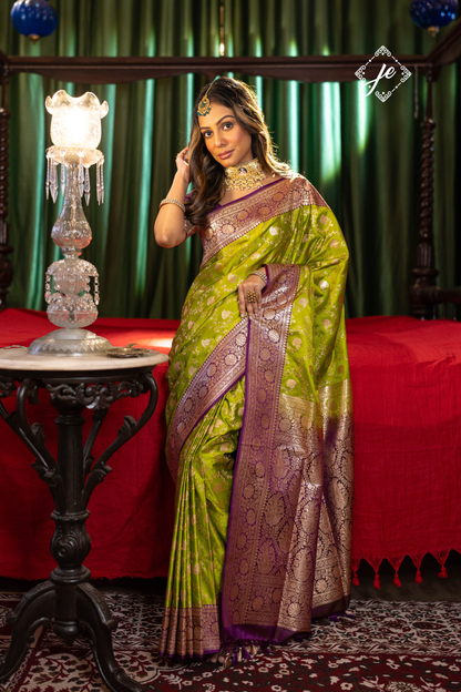 Dhani Green Satin Silk with Contrast Purple Border Banarasi Saree