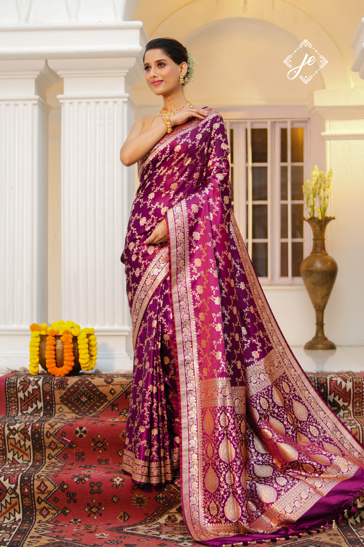 Purple Satin Silk Jaal Banarasi Saree