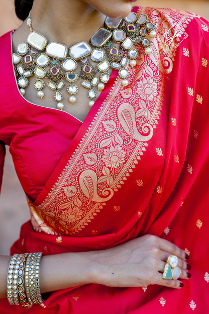 Red Satin Silk Buti Banarasi Saree