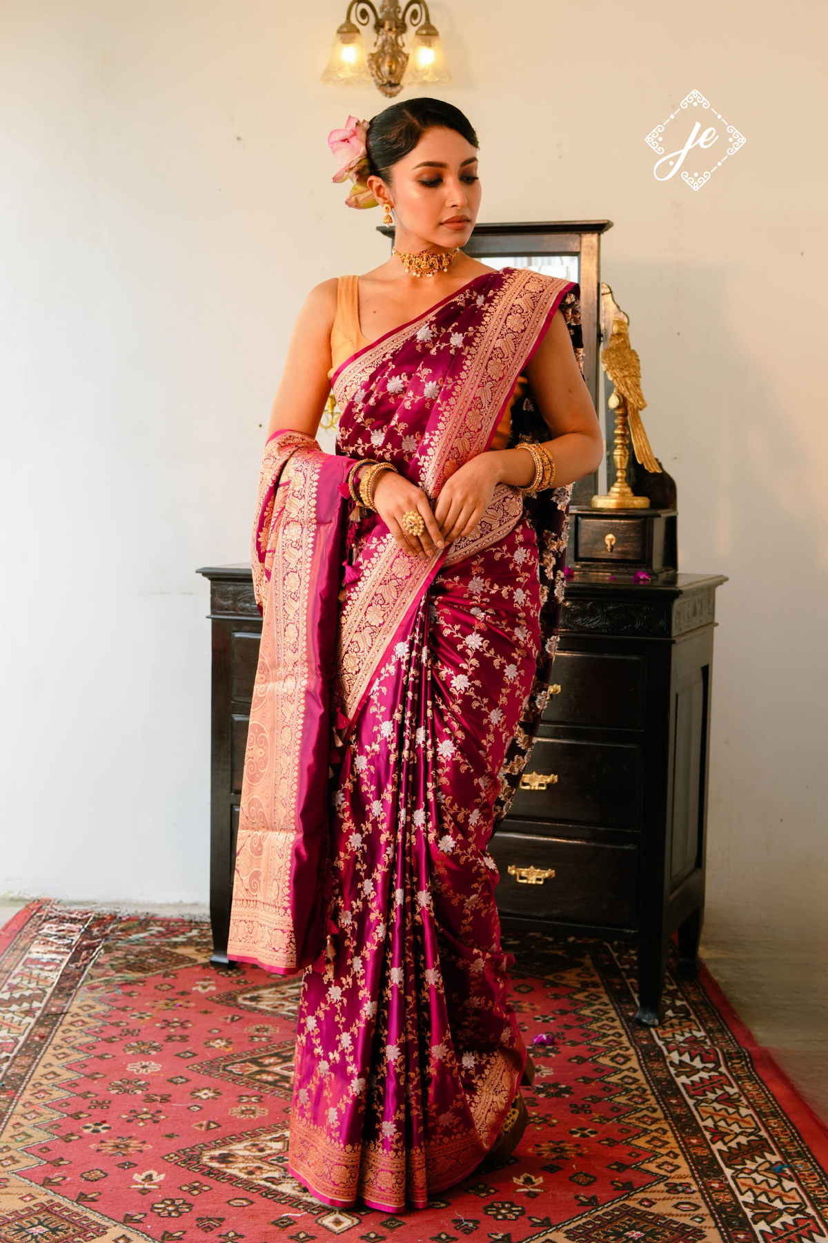 Wine Satin Silk Jaal Banarasi Saree