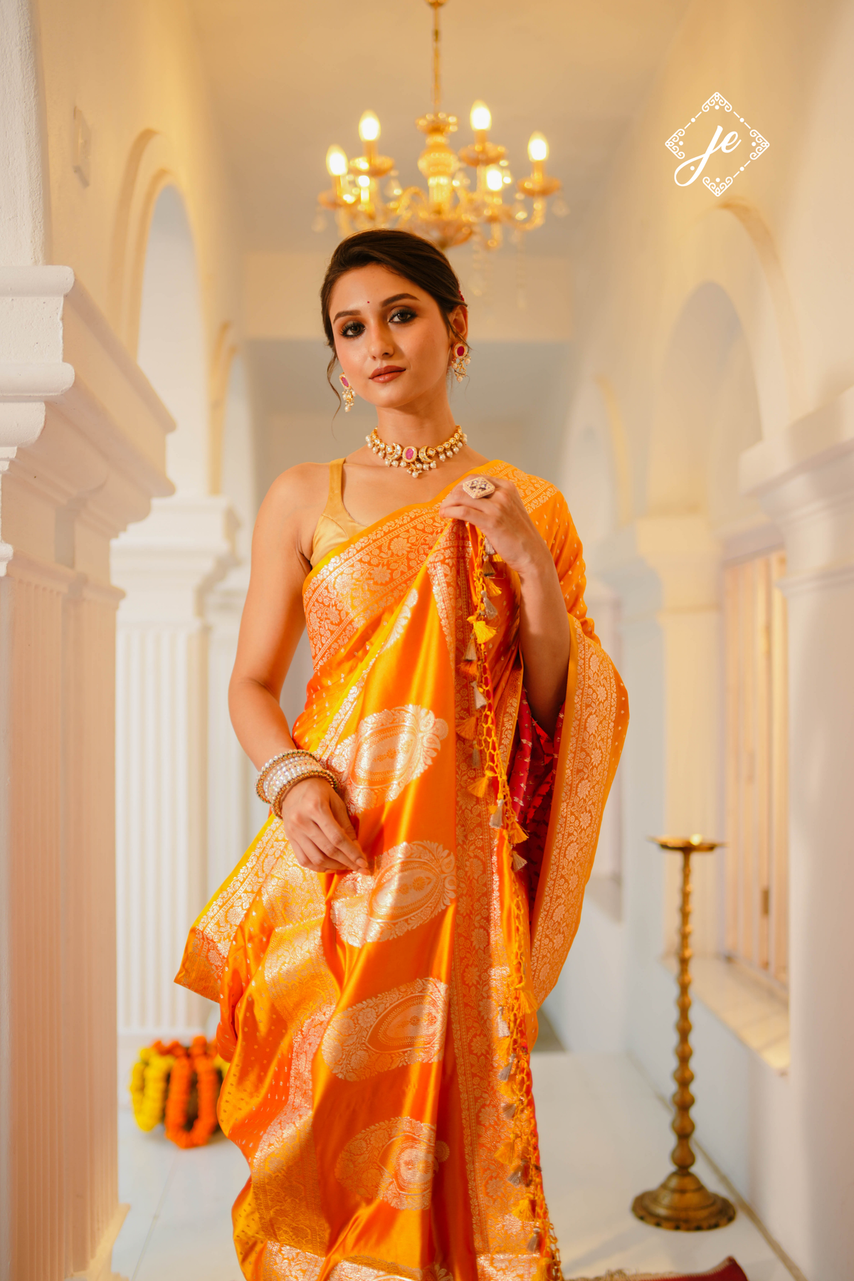Orange Satin Silk Buti Banarasi Saree