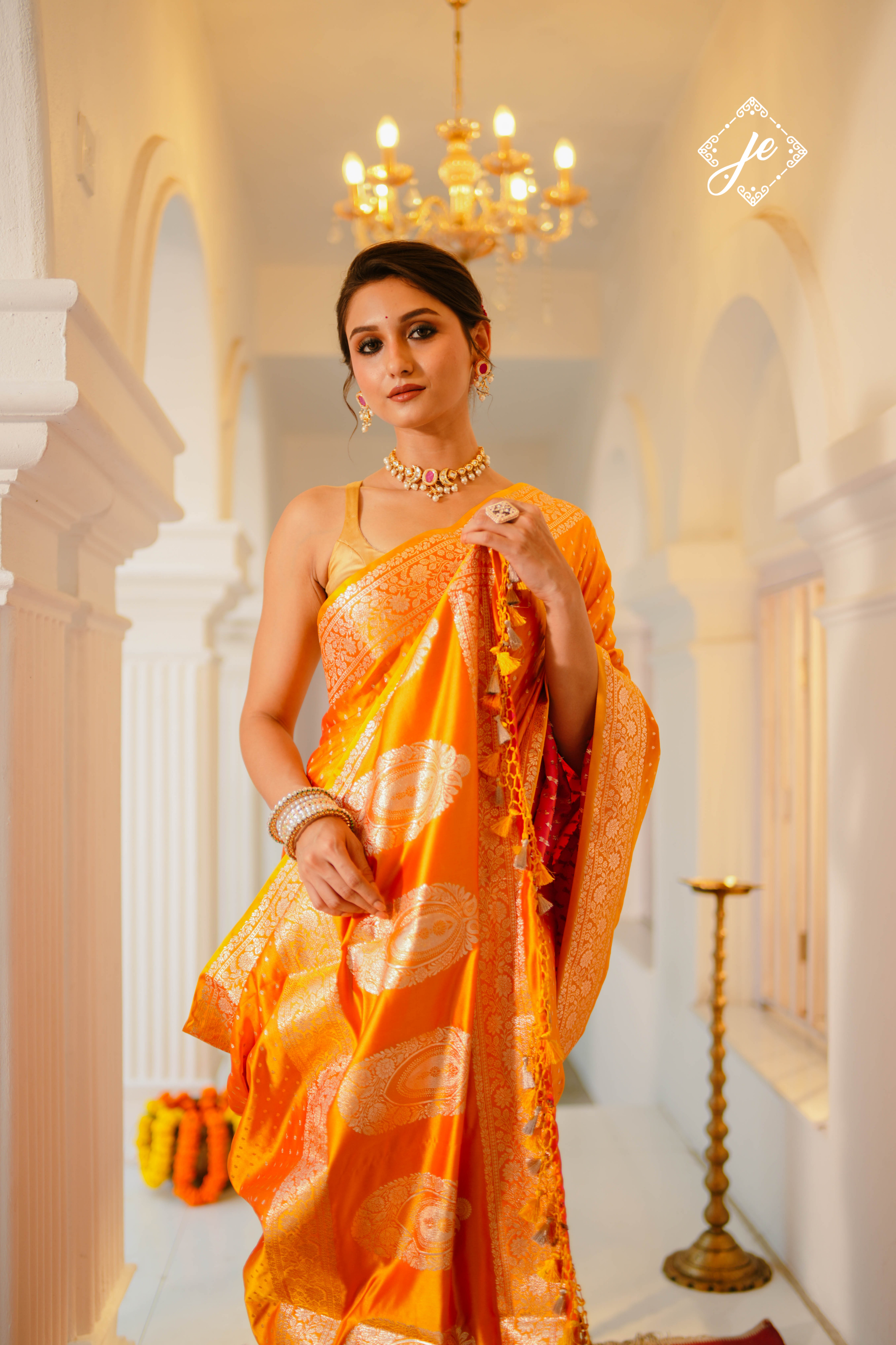 Orange Satin Silk Buti Banarasi Saree