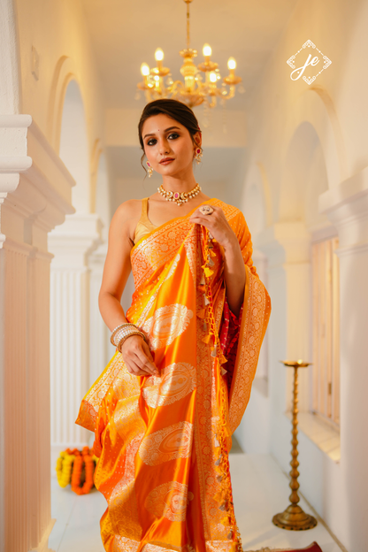 Orange Satin Silk Buti Banarasi Saree